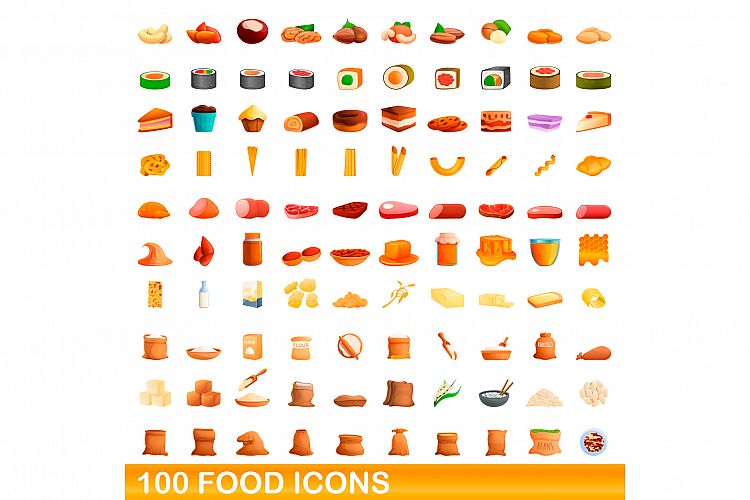 100 food icons set, cartoon style example image 1