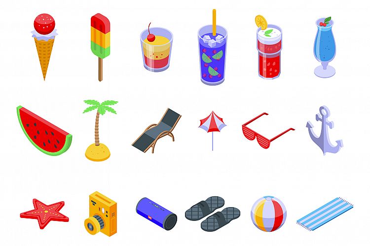 Summer party icons set, isometric style