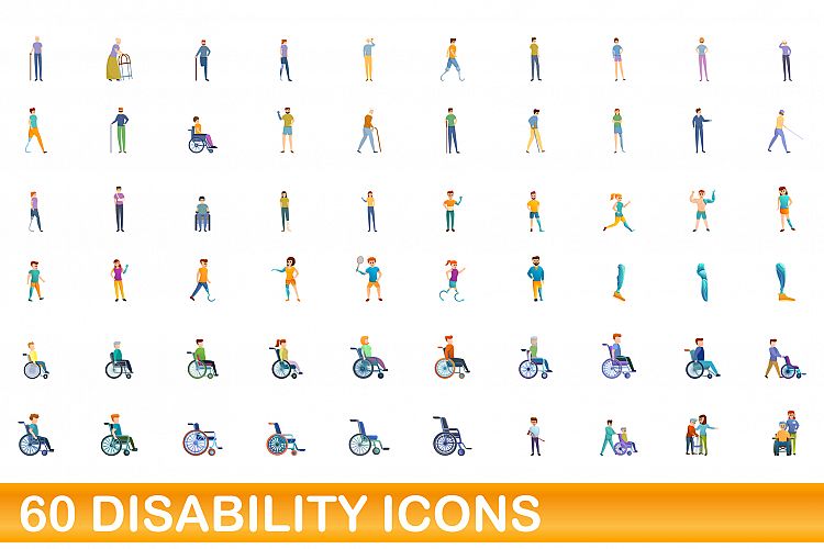 60 disability icons set, cartoon style example image 1