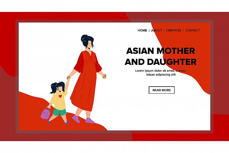 Asian Mother And Daughter Walk Outdoor Vector example image 1