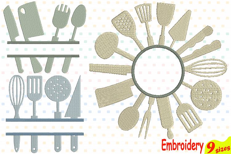 Split Kitchen Designs for Embroidery Machine Instant Download Commercial Use digital file 4x4 5x7 hoop icon symbol sign Utensils Cooking 57b