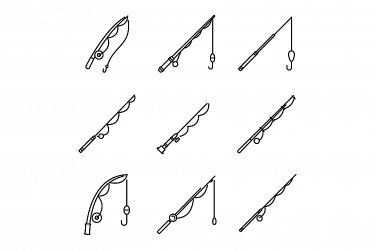 Modern fishing rod icons set, outline style