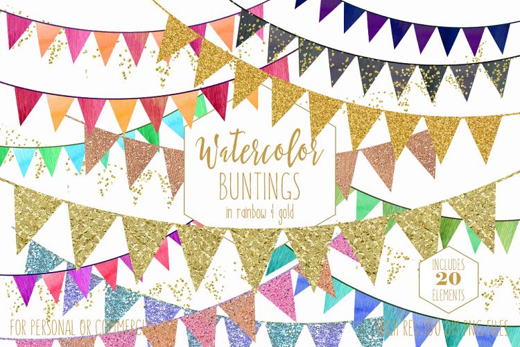 GOLD BUNTING BANNER Clipart Rainbow Watercolor Pennant Flag Banners & Gold Glitter Confetti Birthday Party Graphics