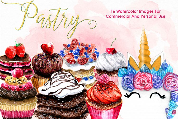 Watercolor Pastry Bundle Cooking Kitchen Watercolor Flowers Wedding Watercolor Unicorn Watercolor Cupcakes