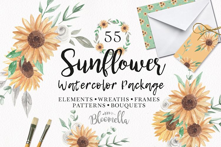 Watercolor Flowers Sunflower Florals Patterns Bouquets Frames Clipart 