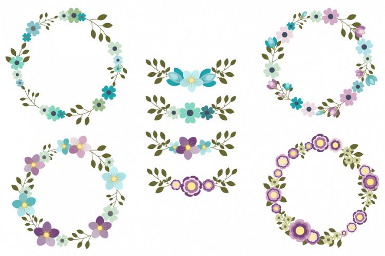 Mint violet flower wreath clip art, Floral border set