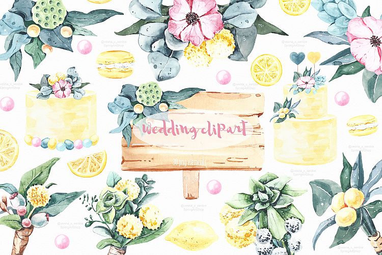 Summer lemon Flower watercolor Clipart and wedding cake