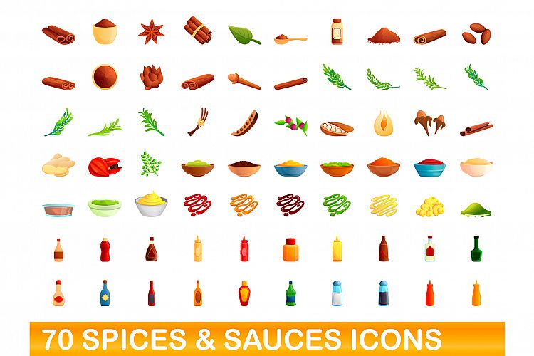 70 spices and sauces icons set, cartoon style example image 1