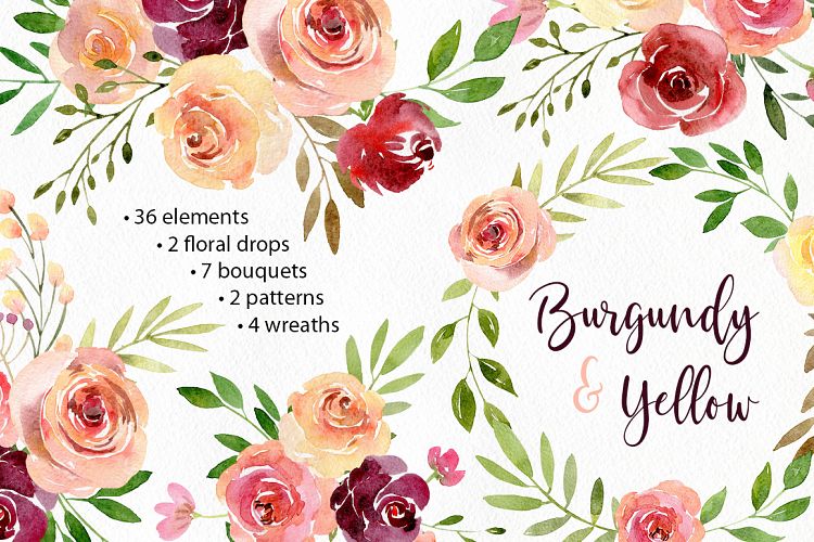 Boho Watercolor Flowers Wreaths Patterns Arrangements PNG Rustic Collection