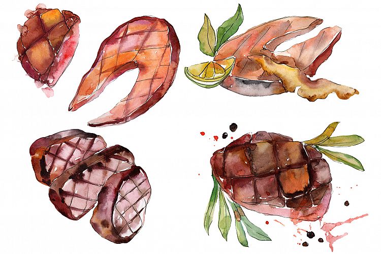 Salmon fish steaks PNG watercolor set