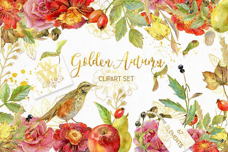 Golden Autumn clipart, Thanksgiving floral clip art