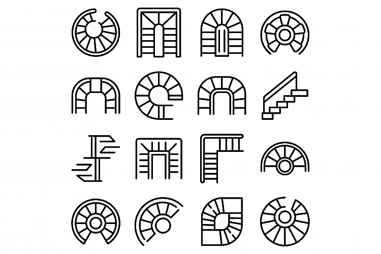 Spiral staircase icons set, outline style
