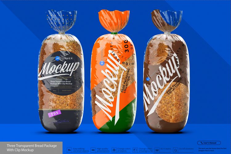 Three Transparent Bread Package with Clip Mockup