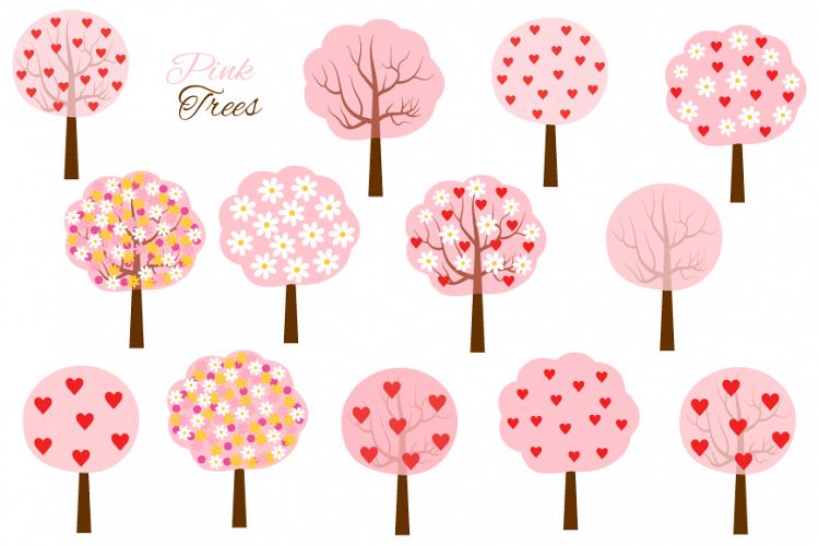 Pink romantic trees clipart set, Love heart trees