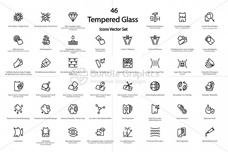 Mobile Tempered Glass Features Icons Set