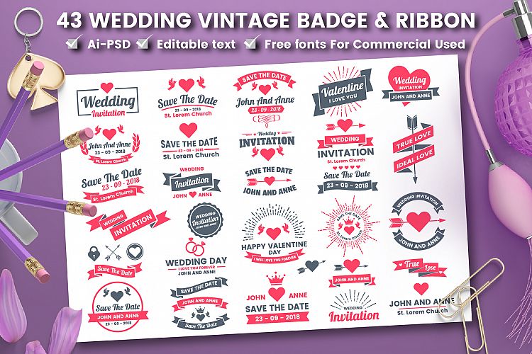 43 WEDDING VINTAGE BADGE & RIBBON