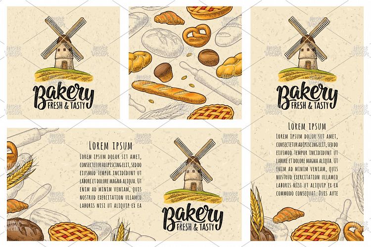 Set posters seamless pattern bakery products and windmill