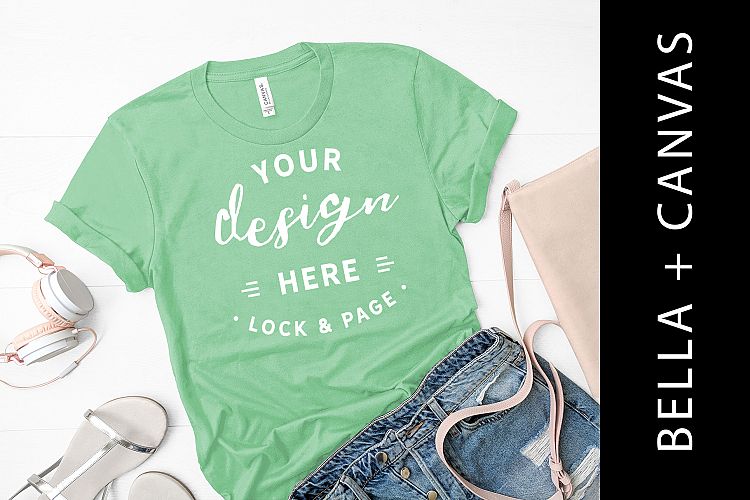 Mint Bella Canvas 3001 T Shirt Mockup Fashion Flat Lay