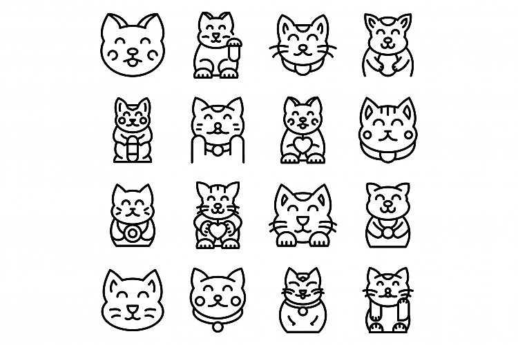 Lucky cat icons set, outline style example image 1