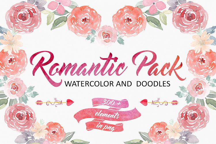 Romantic Pack.Watercolor and Doodles