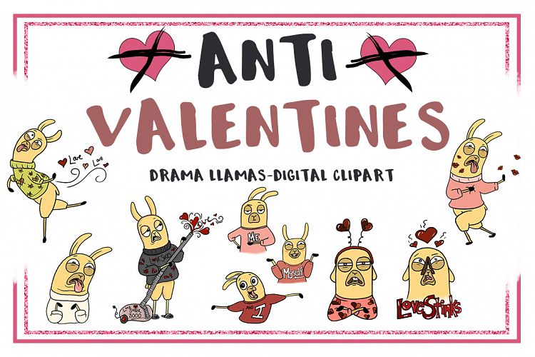 Valentines-Animal Clipart-llama Clipart-Anti Valentines Clipart-Cartoon-Sticker Clipart-Digital-Llama-alpaca-Funny-Llama Drama-Commercial