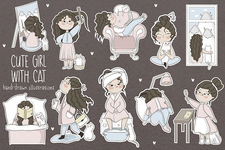Cute girl with cat. Vector stickers