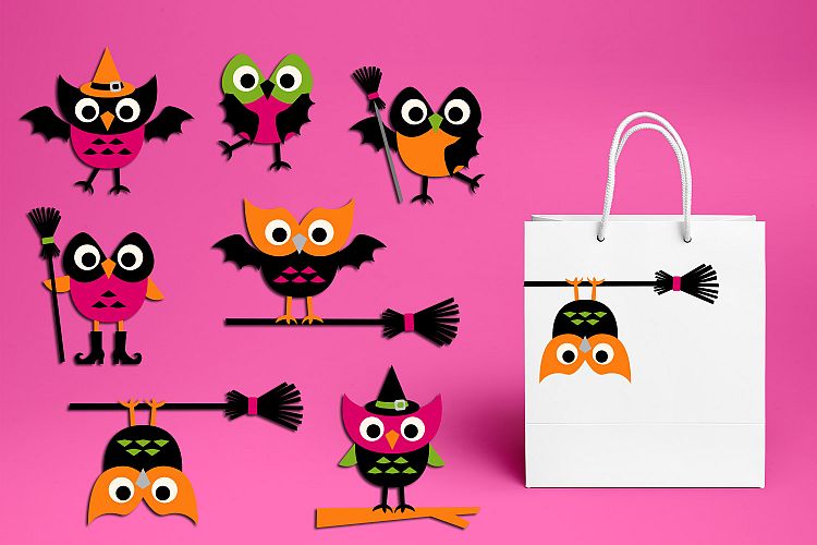 Owl Halloween witch broom clipart graphics