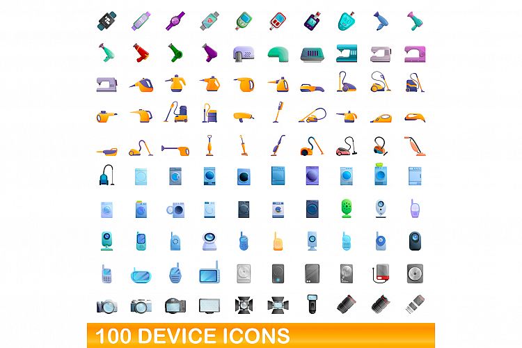 100 device icons set, cartoon style example image 1