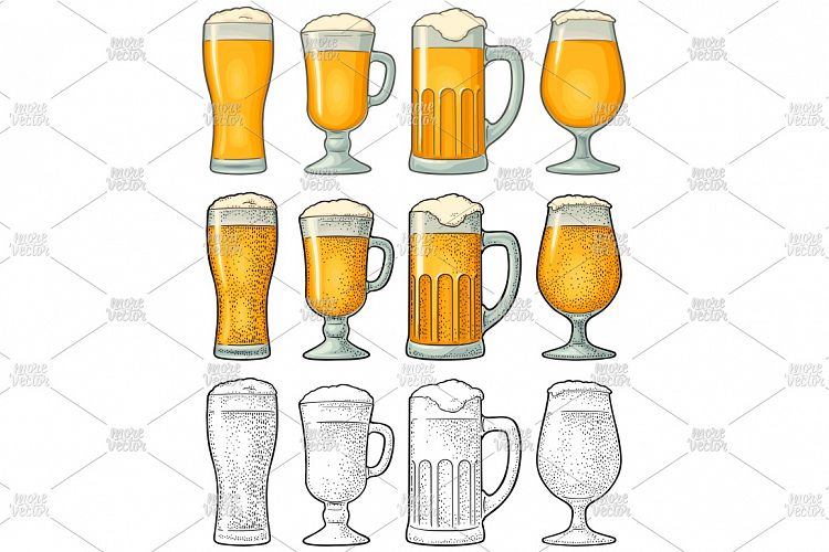 Four different glasses for beer. Engraving vintage vector
