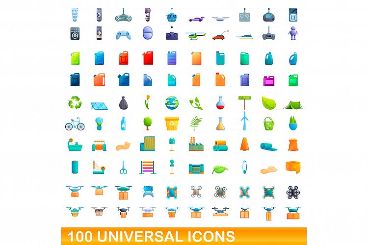 100 universal icons set, cartoon style example image 1