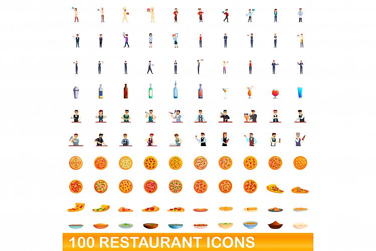 100 restaurant icons set, cartoon style example image 1