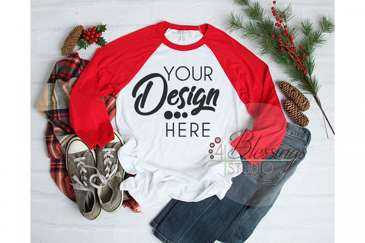 Raglan Christmas TShirt Mockup Red White Shirt Flat Lay