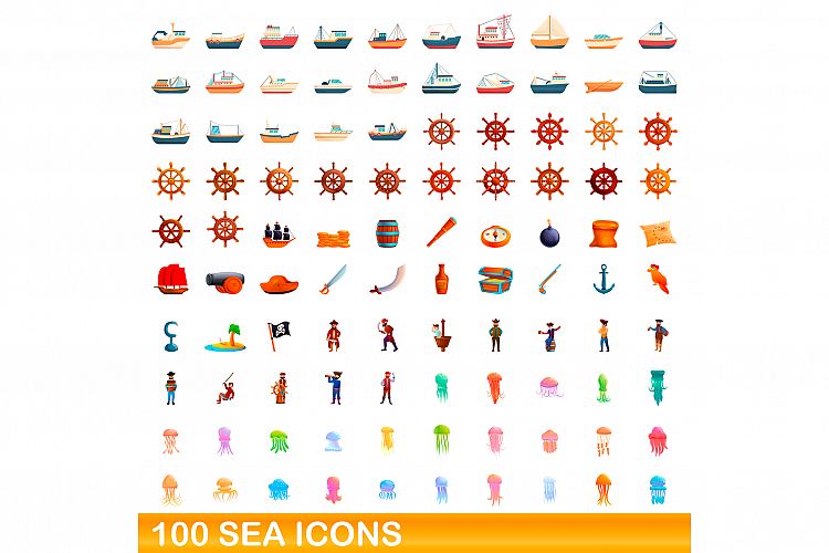 100 sea icons set, cartoon style example image 1