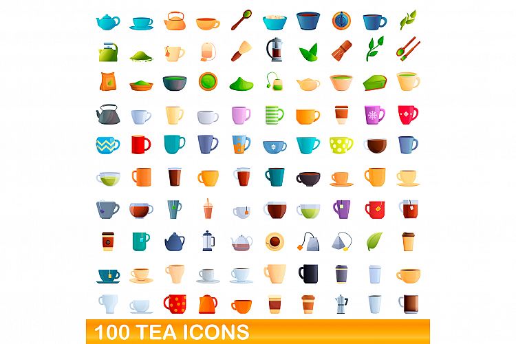 100 tea icons set, cartoon style example image 1