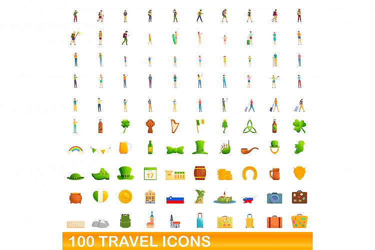 100 travel icons set, cartoon style example image 1