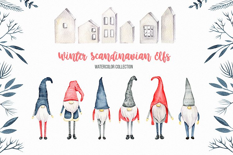 Winter Scandinavian Elfs, Nordic decor clipart watercolor