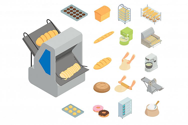 Bakery factory icons set, isometric style example image 1