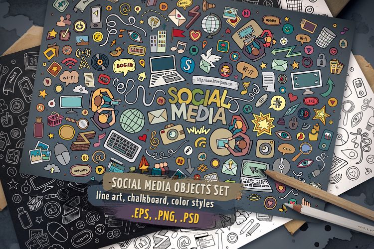 Social Media Cartoon Doodle Objects & Symbols Set