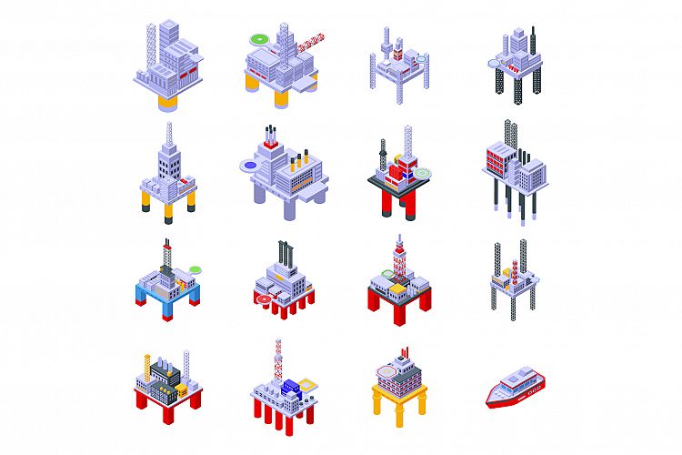 Sea drilling rig icons set, isometric style