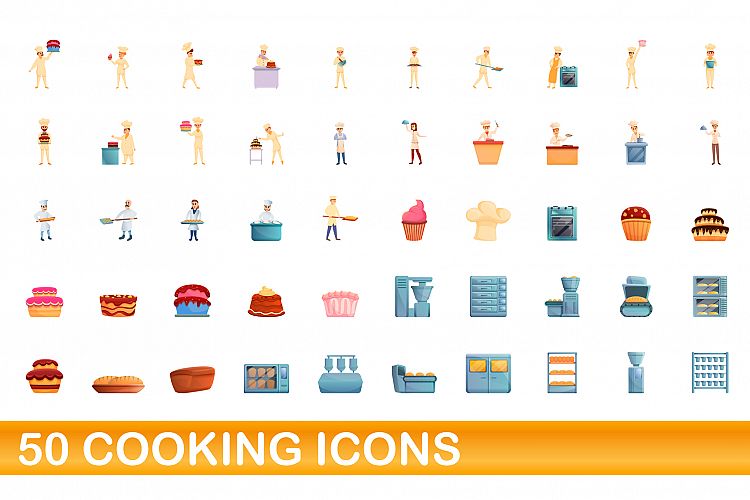 50 cooking icons set, cartoon style example image 1