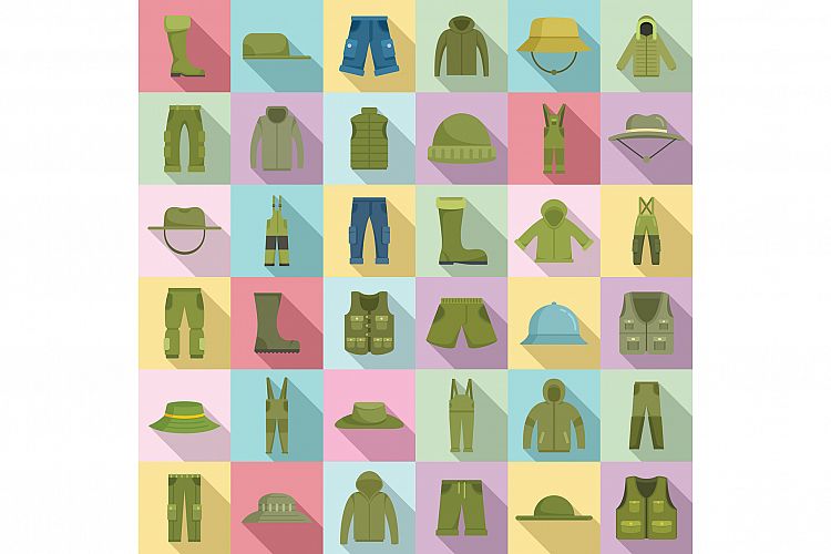 Fisherman clothes icons set, flat style example image 1