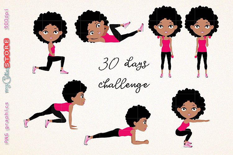 Afro girl fitness workout. cute girl 30 days challenge clipart, clip art illustration workout set for planner stickers, scraps or digital planning. 