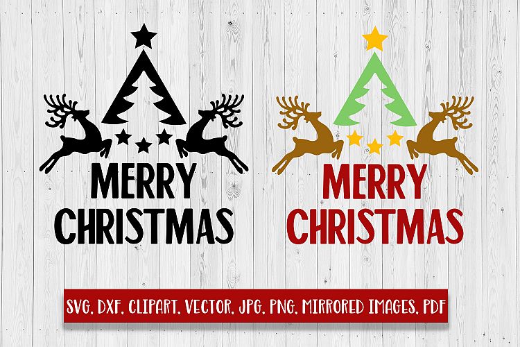 Merry Christmas with tree and reindeers SVG, DXF, Clipart