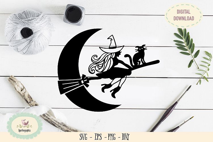 Flying cat witch halloween moon SVG PNG (230902) | SVGs | Design Bundles