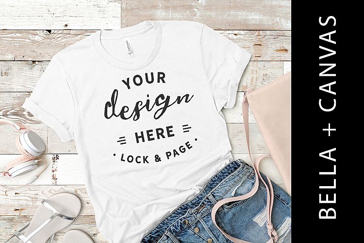 White Bella Canvas 3001 TShirt Mockup Old Wood Floor