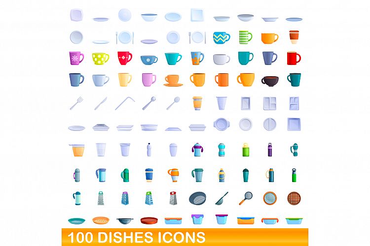 100 dishes icons set, cartoon style example image 1