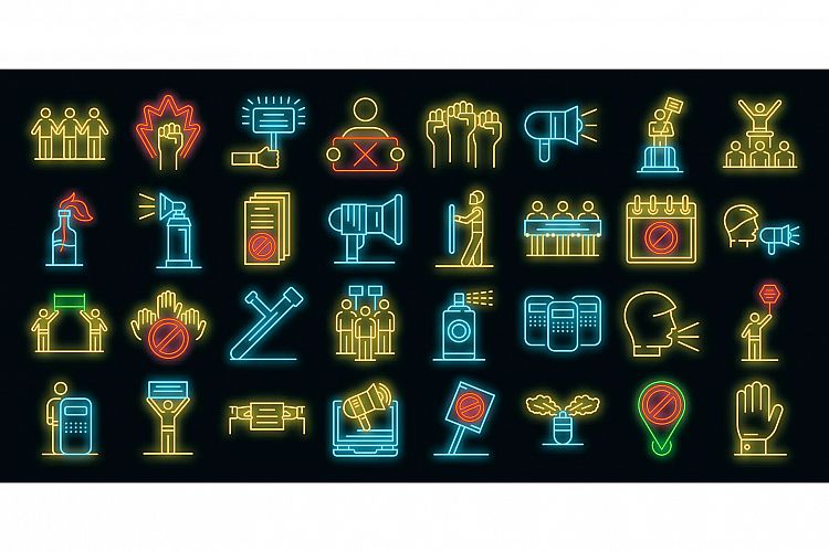 Protest icons set vector neon