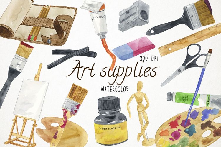 Watercolor Art Supplies Clipart, Art Supplies Clip Art