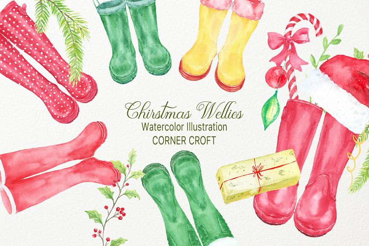 Watercolor Christmas Wellies, Rubber Boots, Rain Boots