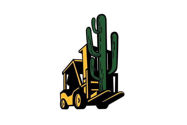 Forklift Truck Lifting Cactus Plant Retro